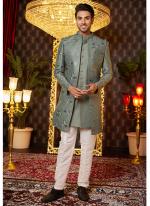 Art Silk Green Wedding Wear Thread Work Readymade Indo Western Sherwani